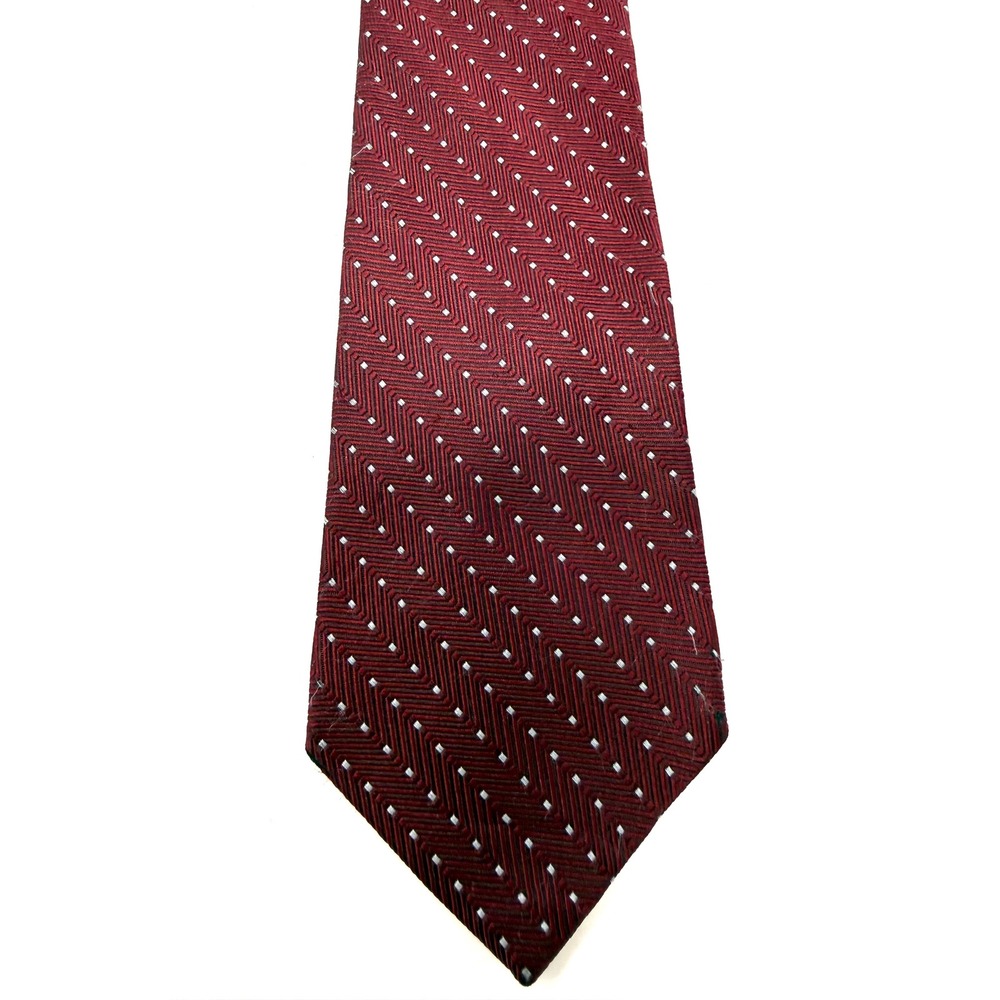 Zylos George Machado Mens Silk Tie Burgundy Red Herringbone Chevron White Dot